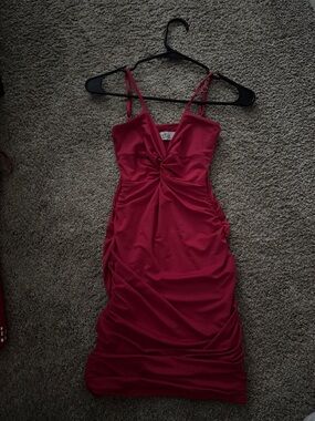 Oh Polly Ruched Twist Front Midi Dress in Deep Pink